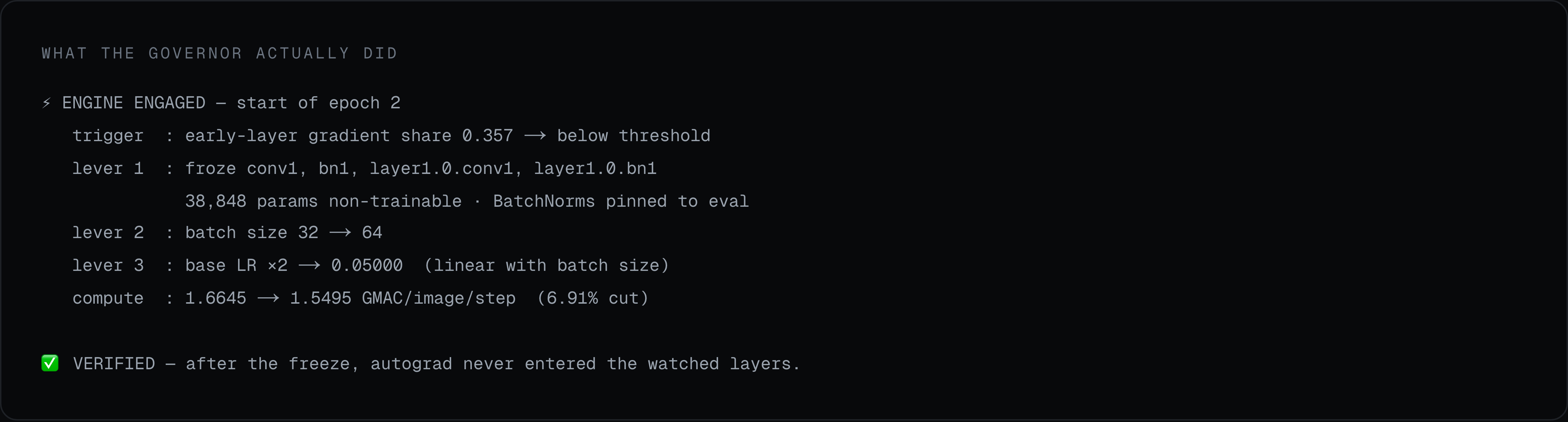 Terminal log from enai-lab.com showing the EnAi governor engaging at the start of epoch two: freezing conv1, bn1, layer1.0.conv1 and layer1.0.bn1, raising batch size from 32 to 64, scaling the learning rate, and cutting compute from 1.6645 to 1.5495 GMAC per image per step.