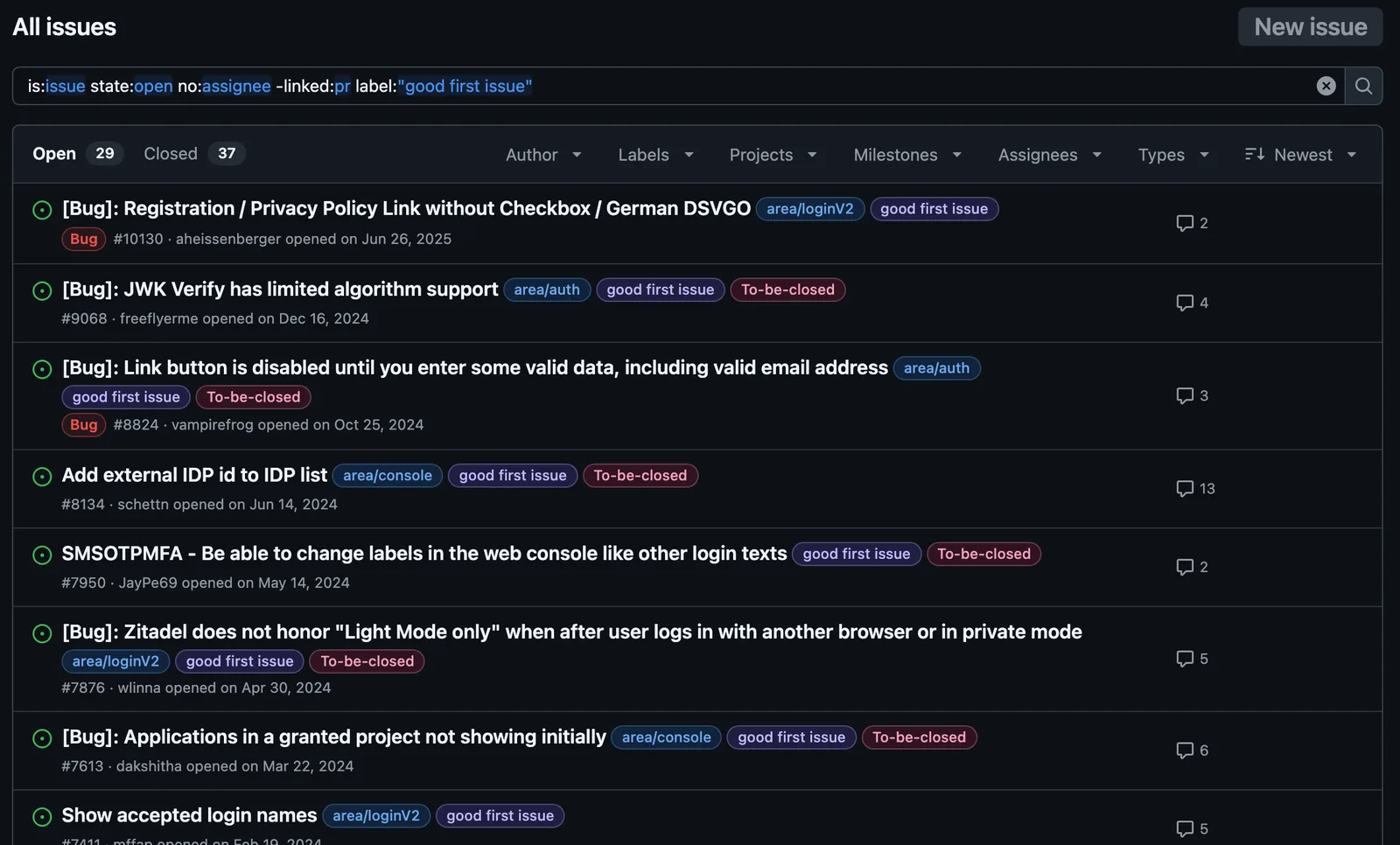GitHub issue search in the zitadel repository with the qualifiers is:issue state:open no:assignee -linked:pr label: