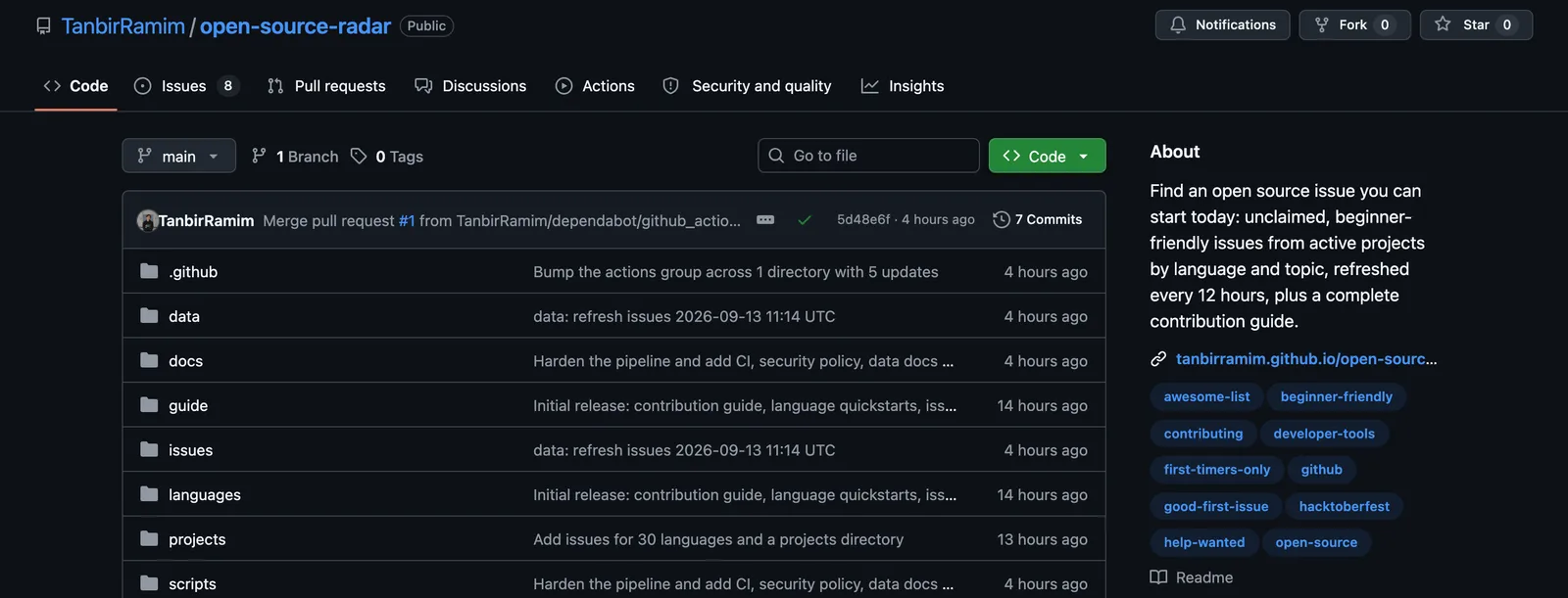 The TanbirRamim/open-source-radar repository on GitHub, with folders for the guide, issues, language quickstarts, projects and the pipeline scripts.