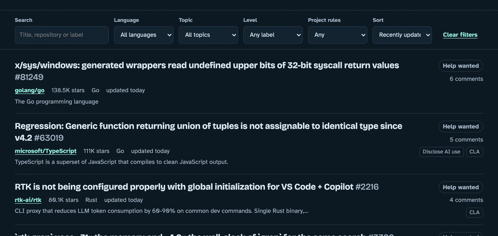 Open Source Radar issue list with project rule badges such as CLA, Disclose AI use and Earlier PR closed shown next to each issue.