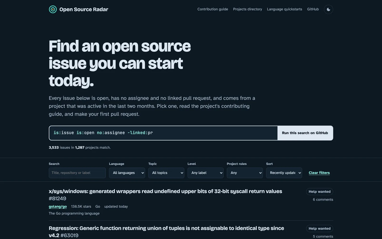 The Open Source Radar website, showing the search qualifiers it applies and 3,533 matching issues in 1,207 projects.
